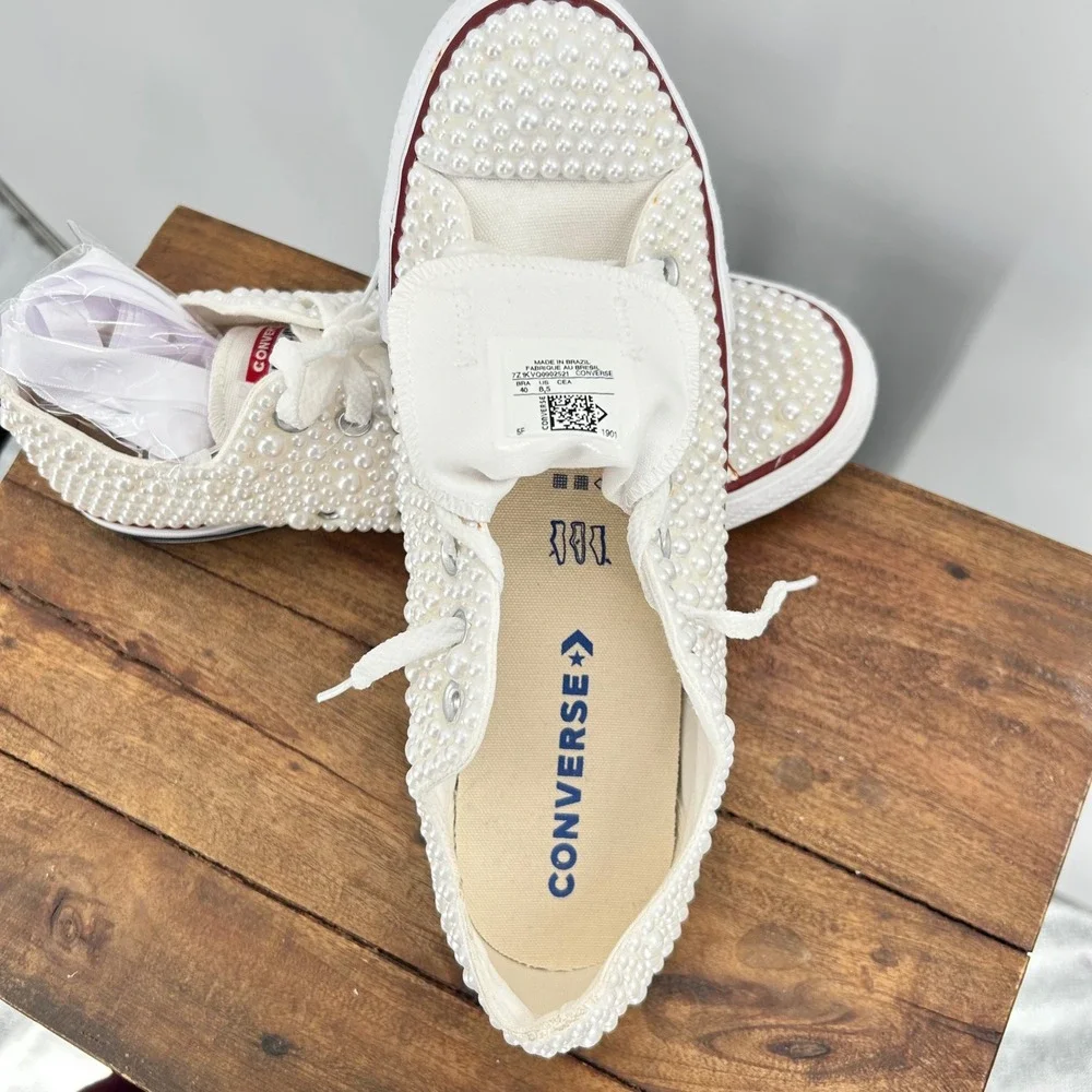 Converse All Star Pearl Embellished Low  Sneakers Ivory Bridal‎ Shoes Womens 8.5